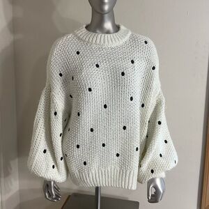 Topshop White Puff Sleeve Oversized Sweater - Black Polka Dot Knit Size 8-10